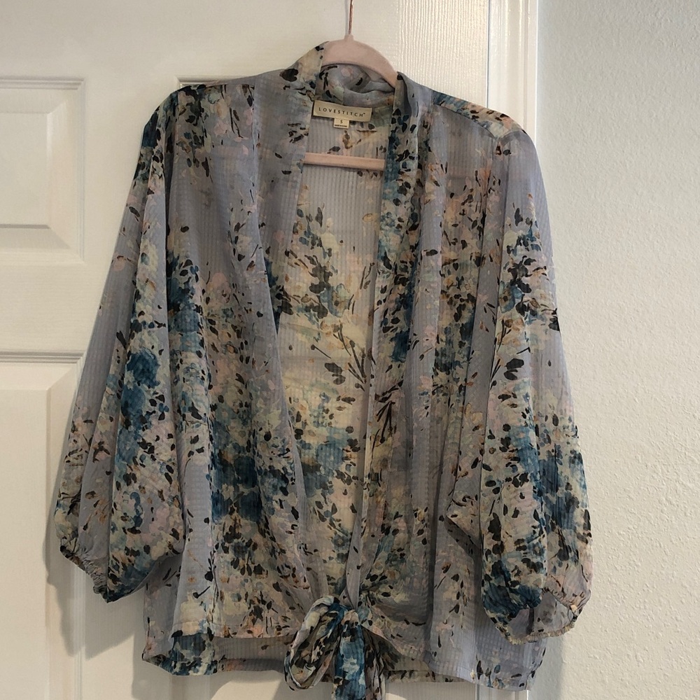 Lovestitch Blue Floral Sheer Kimono Blouse